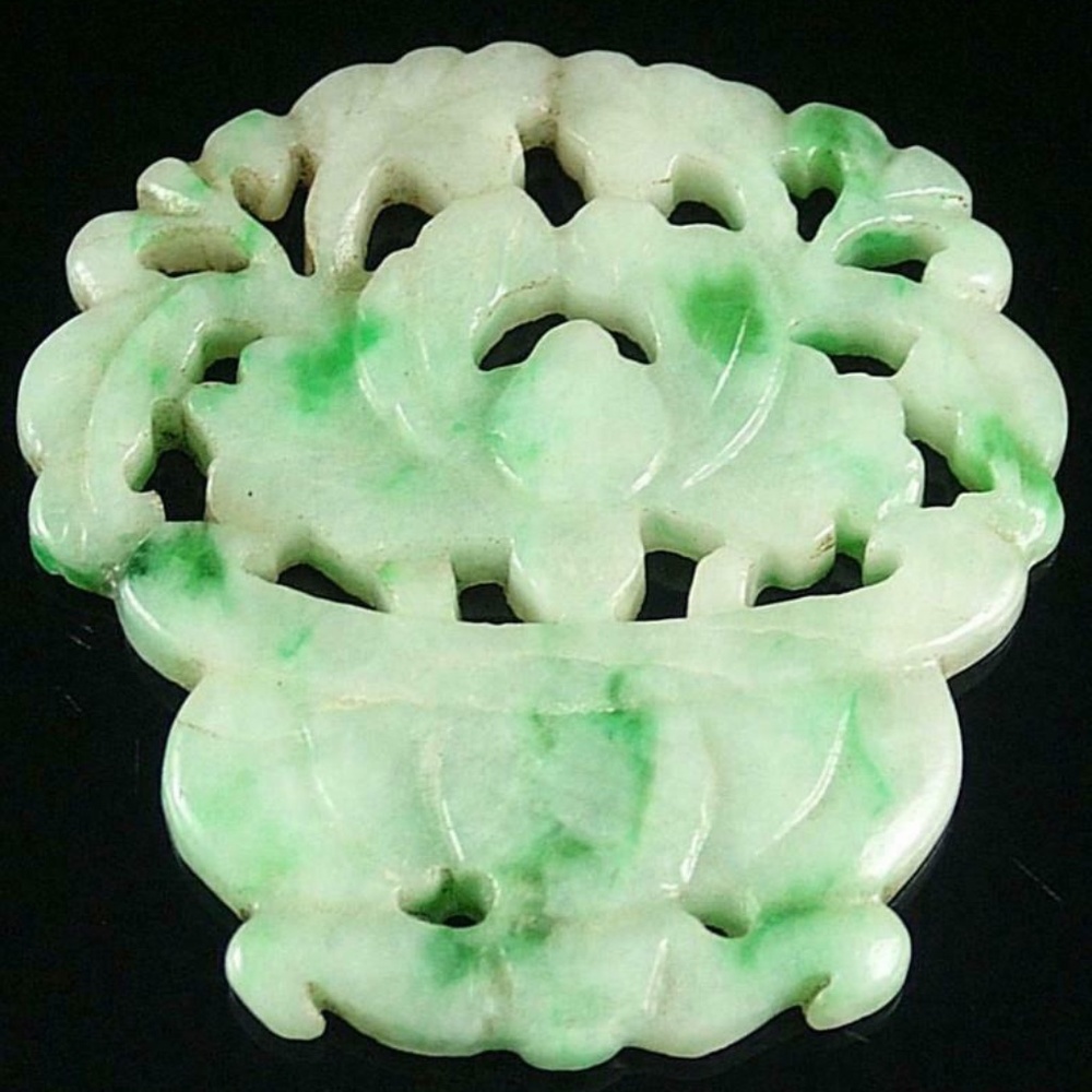 Antique Old Genuine Jadeite Emerald Jade Pendant Netsuke flower ~ AUSPICIOUS